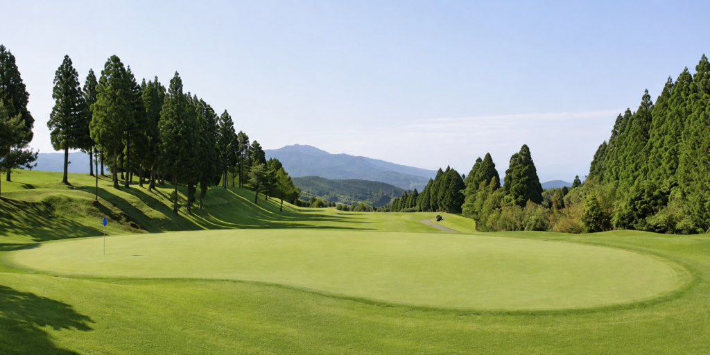 菊池カントリークラブのグリーンとフェアウェイ。奥に山並みが広がる晴れのコース風景